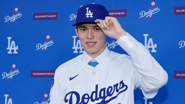 Pitcher Roki Sasaki poses during a Los Angeles Dodgers press conference at Dodger Stadium on January 22, 2025 in Los Angeles, California.