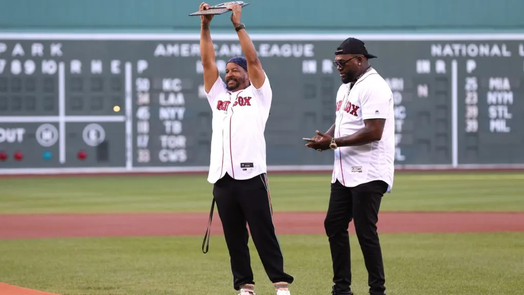 Boston Red Sox Hall of Famer Manny Ramirez is presented a plaque by Hall of Famer David Ortiz before a game against the Detroit Tigers at Fenway Park on June 20, 2022 in Boston, Massachusetts. (Photo by Paul Rutherford/Getty Images)