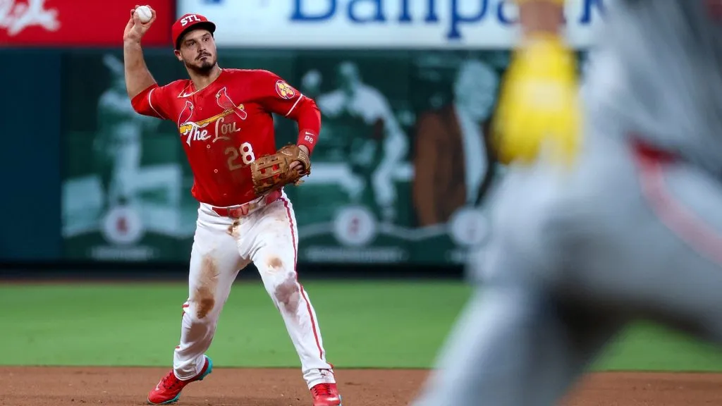Nolan Arenado #28 of the St. Louis Cardinals throws to first for an out against Noelvi Marte #16 of the Cincinnati Reds during the fourth inning at Busch Stadium on June 28, 2024 in St. Louis, Missouri. (Photo by Scott Kane/Getty Images)