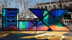 The Super Bowl LX logo is displayed at the San Francisco Ferry Building on February 06, 2026.