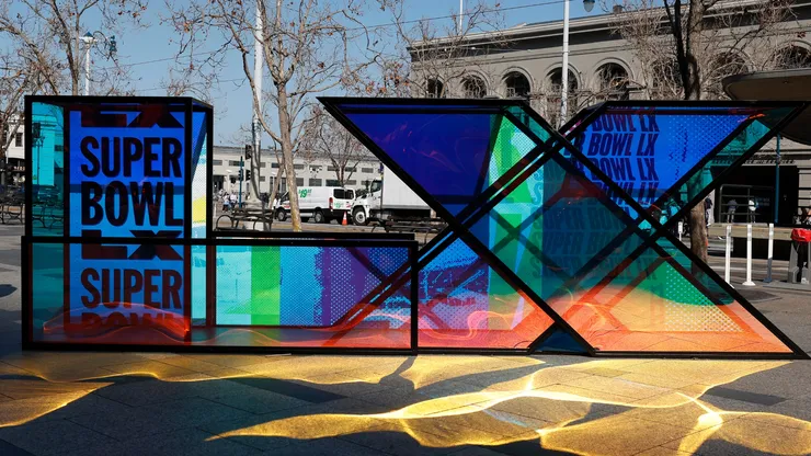 The Super Bowl LX logo is displayed at the San Francisco Ferry Building on February 06, 2026.