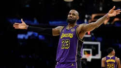 LeBron James #23 of the Los Angeles Lakers reacts during a 120-112 win against the Golden State Warriors.