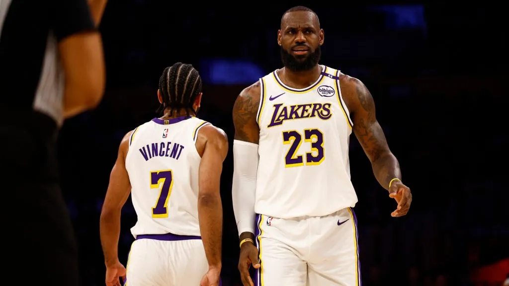 LeBron James #23 and Gabe Vincent #7 of the Los Angeles Lakers in the second half at Crypto.com Arena. (Ronald Martinez/Getty Images)