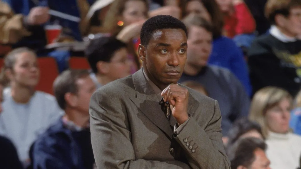 Head Coach Isiah Thomas of the Indiana Pacers watches the action during the game against the Seattle Sonics