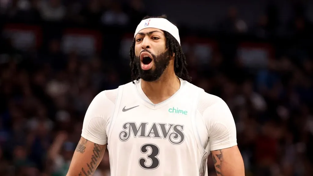 Anthony Davis #3 of the Dallas Mavericks reacts after a basket during the third quarter against the Houston Rockets