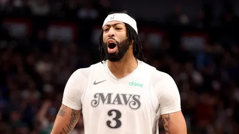 Anthony Davis #3 of the Dallas Mavericks reacts after a basket during the third quarter against the Houston Rockets.