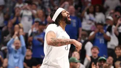 Anthony Davis #3 of the Dallas Mavericks reacts after a play against the Houston Rockets during the first quarter