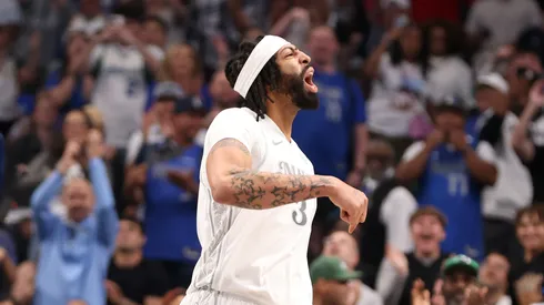 Anthony Davis #3 of the Dallas Mavericks reacts after a play against the Houston Rockets during the first quarter