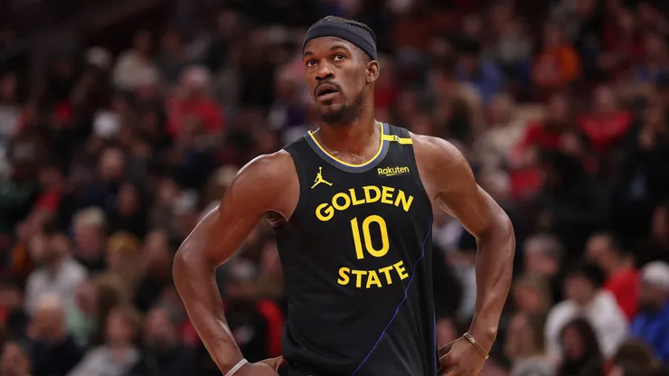 Jimmy Butler #10 of the Golden State Warriors looks on against the Chicago Bulls during the second half at the United Center.