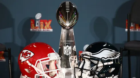 A Kansas City Chiefs helmet, the Vince Lombardi Trophy and a Philadelphia Eagles helmet are seen before the NFL Commissioner Roger Goodell's Super Bowl Press Conference ahead of Super Bowl LIX at Caesars Superdome on February 03, 2025 in New Orleans, Louisiana.