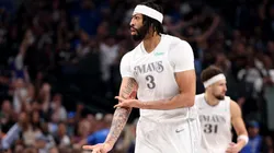 : Anthony Davis #3 of the Dallas Mavericks reacts after making a three point basket against the Houston Rockets during the first quarter at American Airlines Center on February 08, 2025 in Dallas, Texas.