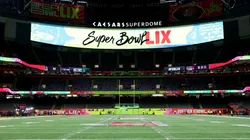 A Super Bowl LIX logo is seen on signage before Super Bowl LIX between the Kansas City Chiefs and Philadelphia Eagles at Caesars Superdome on February 09, 2025.