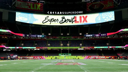 A Super Bowl LIX logo is seen on signage before Super Bowl LIX between the Kansas City Chiefs and Philadelphia Eagles at Caesars Superdome on February 09, 2025.