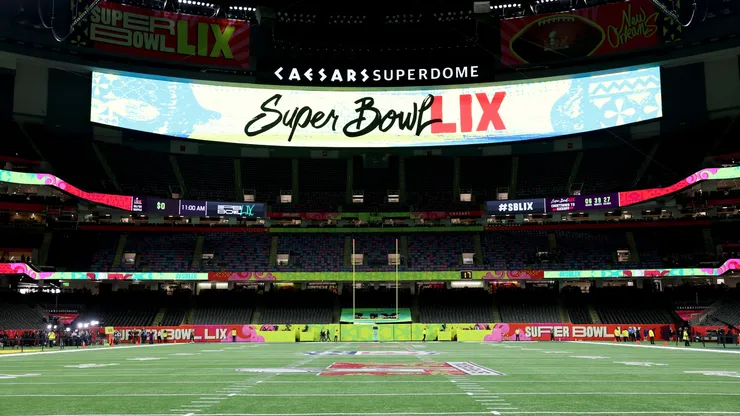 A Super Bowl LIX logo is seen on signage before Super Bowl LIX between the Kansas City Chiefs and Philadelphia Eagles at Caesars Superdome on February 09, 2025.