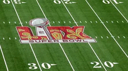A general view of the LIX Super Bowl logo is seen on the field ahead of Super Bowl LIX between the Kansas City Chiefs and Philadelphia Eagles at Caesars Superdome on February 09, 2025.