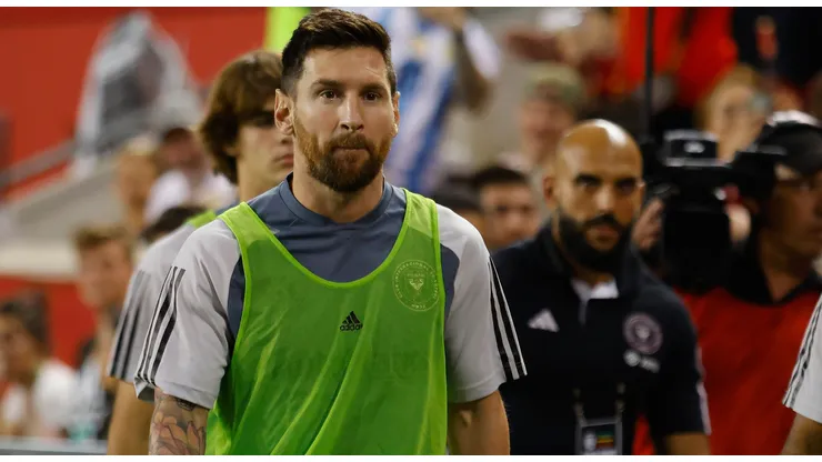Yassine Chueko (R) the bodyguard for Lionel Messi #10 of Inter Miami looks on during the game against the New York Red Bulls at Red Bull Arena on August 26, 2023 in Harrison, New Jersey.