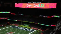 A "Choose Love" logo is seen in the Eagles end zone before Super Bowl LIX between the Kansas City Chiefs and Philadelphia Eagles at Caesars Superdome on February 09, 2025.