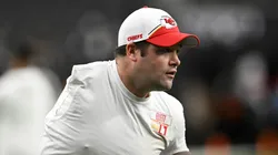 Assistant running backs coach Porter Ellett of the Kansas City Chiefs makes a catch during warmups before a game against the Las Vegas Raiders at Allegiant Stadium on November 26, 2023 in Las Vegas, Nevada.