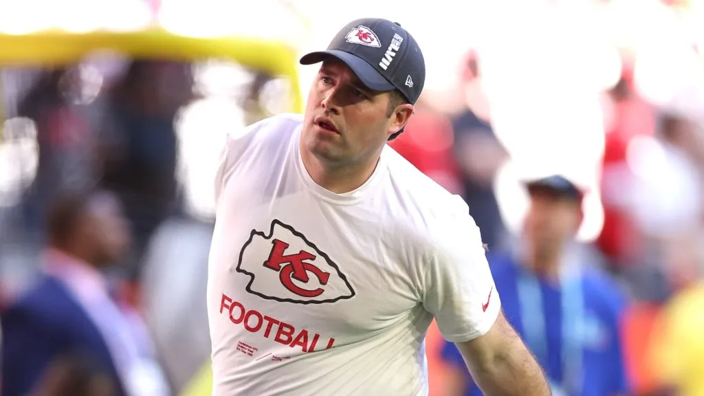 Assistant coach Porter Ellett of the Kansas City Chiefs warms up on the field prior Super Bowl LVII between the Kansas City Chiefs and Philadelphia Eagles at State Farm Stadium on February 12, 2023 in Glendale, Arizona.