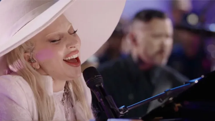 Lady Gaga singing at the 2025 Super Bowl LIX.