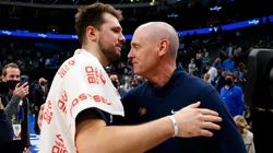 Luka Doncic #77 of the Dallas Mavericks hugs Rick Carlisle head coach of the Indiana Pacers after the game at American Airlines Center on January 29, 2022 in Dallas, Texas.
