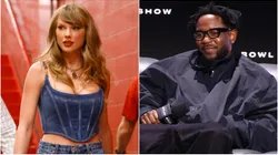 Taylor Swift arrives ahead of the Kansas City Chiefs v Baltimore Ravens game — Kendrick Lamar walks onstage during the Super Bowl LVIX Pregame & Apple Music Super Bowl LVIX Halftime Show Press Conference.