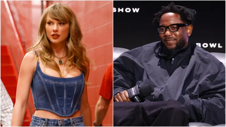 Taylor Swift arrives ahead of the Kansas City Chiefs v Baltimore Ravens game — Kendrick Lamar walks onstage during the Super Bowl LVIX Pregame & Apple Music Super Bowl LVIX Halftime Show Press Conference.