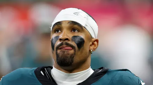 Jalen Hurts #1 of the Philadelphia Eagles looks on in the fourth quarter against the Kansas City Chiefs during Super Bowl LIX at Caesars Superdome on February 09, 2025 in New Orleans, Louisiana.