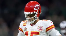 Patrick Mahomes #15 of the Kansas City Chiefs reacts in the third quarter against the Philadelphia Eagles during Super Bowl LIX at Caesars Superdome on February 09, 2025 in New Orleans, Louisiana.