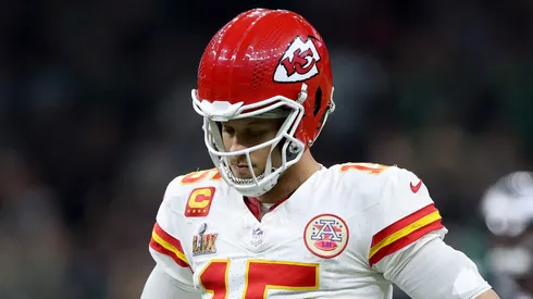 Patrick Mahomes #15 of the Kansas City Chiefs reacts in the third quarter against the Philadelphia Eagles during Super Bowl LIX at Caesars Superdome on February 09, 2025 in New Orleans, Louisiana.