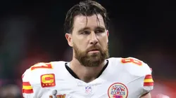Travis Kelce of the Kansas City Chiefs walks off the field at half time against the Philadelphia Eagles during Super Bowl LIX.