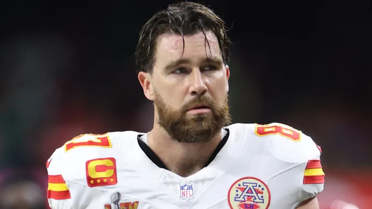 Travis Kelce of the Kansas City Chiefs walks off the field at half time against the Philadelphia Eagles during Super Bowl LIX.