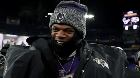Lamar Jackson #8 of the Baltimore Ravens celebrates after defeating the Houston Texans in the AFC Divisional Playoff game at M&T Bank Stadium on January 20, 2024 in Baltimore, Maryland.