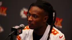 DeAndre Hopkins #8 of the Kansas City Chiefstalks during media availability prior to Super Bowl LIX at the New Orleans Marriott on February 06, 2025 in New Orleans, Louisiana.