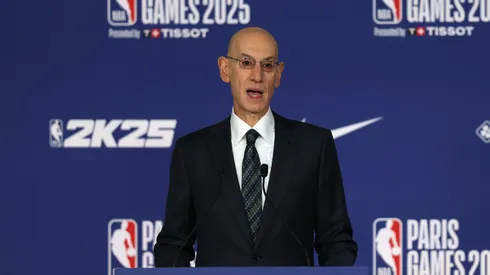 NBA Commissioner Adam Silver speaks to the media during a press conference prior to the game between the San Antonio Spurs and the Indiana Pacers at the Accor Arena on January 23, 2025 in Paris, France.