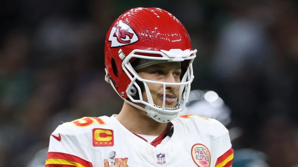 Patrick Mahomes #15 of the Kansas City Chiefs looks on in the second quarter against the Philadelphia Eagles during Super Bowl LIX at Caesars Superdome on February 09, 2025 in New Orleans, Louisiana.