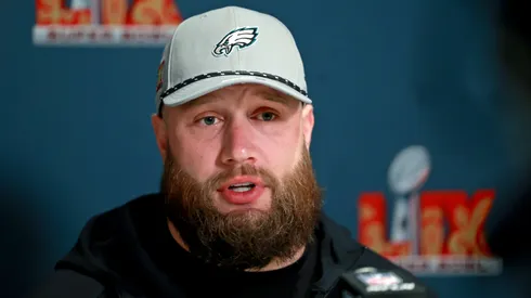 Offensive tackle Lane Johnson #65 of the Philadelphia Eagles answers questions during the team's Tuesday media availability ahead of Super Bowl LIX at the Hilton New Orleans Riverside Hotel on February 4, 2025 in New Orleans, Louisiana. The Eagles face the Kansas City Chiefs this Sunday in the Caesars Superdome.