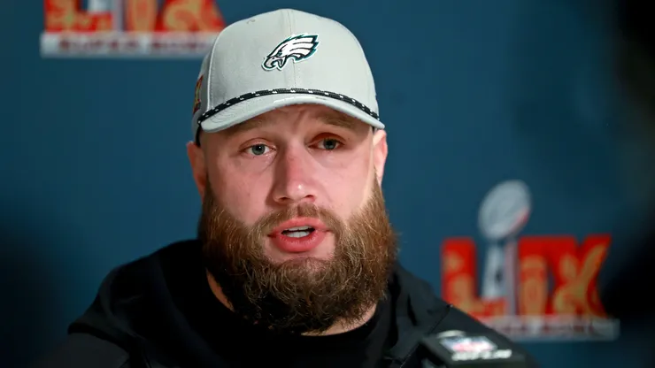 Offensive tackle Lane Johnson #65 of the Philadelphia Eagles answers questions during the team's Tuesday media availability ahead of Super Bowl LIX at the Hilton New Orleans Riverside Hotel on February 4, 2025 in New Orleans, Louisiana. The Eagles face the Kansas City Chiefs this Sunday in the Caesars Superdome.