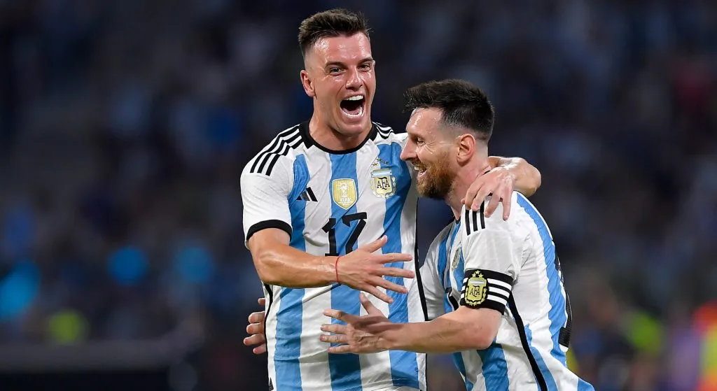 Lionel Messi of Argentina celebrates with Giovani Lo Celso after scoring a goal against Curaçao on March 28, 2023.