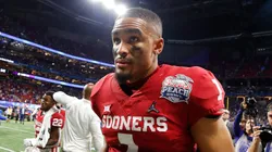 Quarterback Jalen Hurts #1 of the Oklahoma Sooners walks off the field after the LSU Tigers win the Chick-fil-A Peach Bowl 28-63 at Mercedes-Benz Stadium on December 28, 2019 in Atlanta, Georgia.