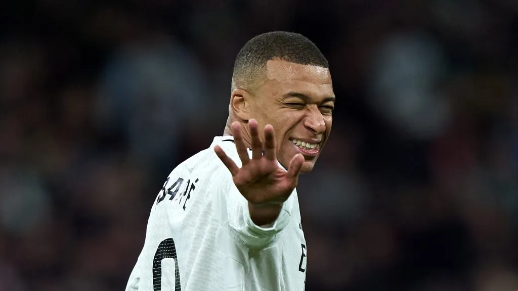 Kylian Mbappe of Real Madrid reacts during the LaLiga match between Real Madrid CF and Atletico de Madrid