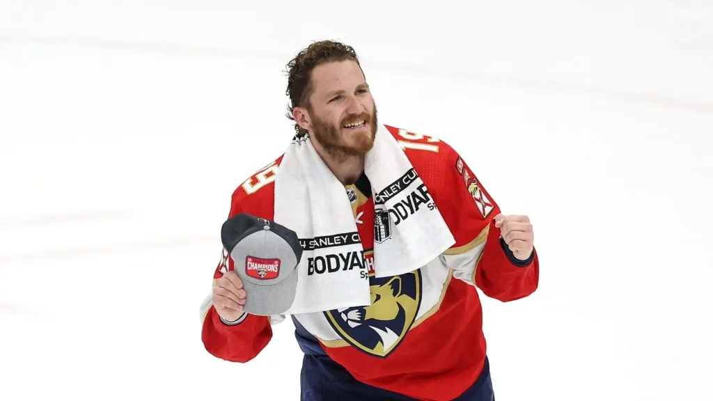 Matthew Tkachuk #19 of the Florida Panthers celebrates after Game Seven of the 2024 Stanley Cup Final at Amerant Bank Arena on June 24, 2024 in Sunrise, Florida. The Florida Panthers defeated the Edmonton Oilers 2-1 to win the Stanley Cup.