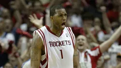 Forward Tracy McGrady #1 of the Houston Rockets reacts against the Utah Jazz in Game Seven of the Western Conference Quarterfinals
