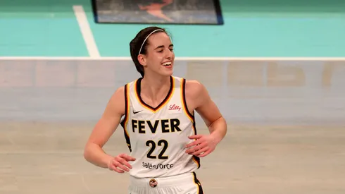 : Caitlin Clark #22 of the Indiana Fever reacts during the first half against the New York Liberty