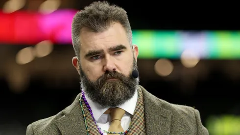 Jason Kelce, ESPN analyst, looks on ahead of Super Bowl LIX between the Kansas City Chiefs and Philadelphia Eagles at Caesars Superdome on February 09, 2025 in New Orleans, Louisiana.