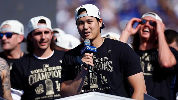 Shohei Ohtani #17 of the Los Angeles Dodgers speaks during the 2024 World Series Celebration Show at Dodger Stadium on November 01, 2024 in Los Angeles, California.