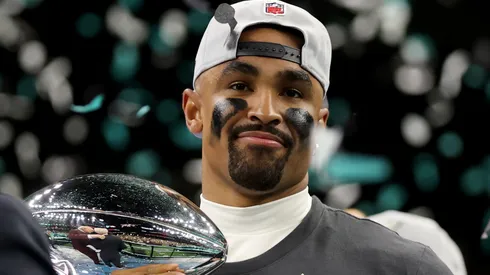 Jalen Hurts #1 of the Philadelphia Eagles celebrates with the Vince Lombardi Trophy after beating the Kansas City Chiefs 40-22 to win Super Bowl LIX at Caesars Superdome on February 09, 2025 in New Orleans, Louisiana.