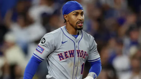 Francisco Lindor #12 of the New York Mets reacts after striking out to end the 7th inning during Game Six of the National League Championship Series against the Los Angeles Dodgers at Dodger Stadium on October 20, 2024 in Los Angeles, California.
