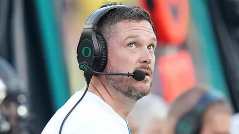 Head coach Dan Lanning of the Oregon Ducks looks on during the second quarter against the Ohio State Buckeyes at Autzen Stadium on October 12, 2024 in Eugene, Oregon.