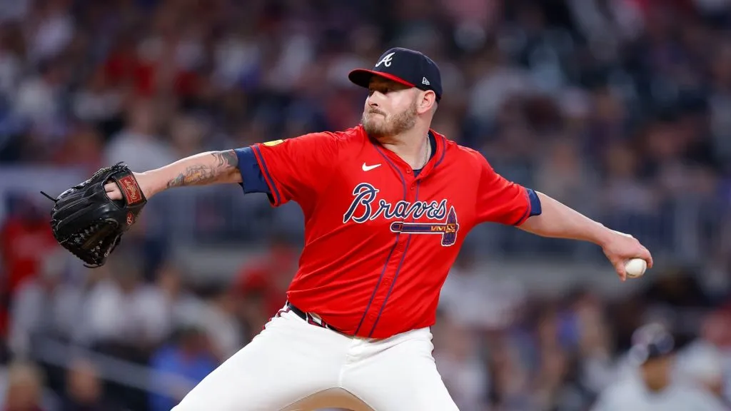 Tyler Matzek #68 of the Atlanta Braves pitches during the ninth inning against the Cleveland Guardians at Truist Park on April 26, 2024 in Atlanta, Georgia. (Photo by Todd Kirkland/Getty Images)